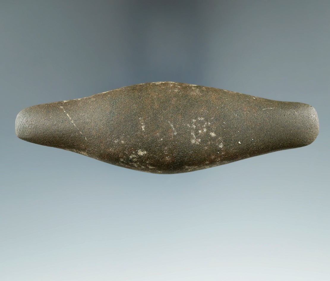 4 1/4" Rare Hardstone Expanded Center Gorget found in 1969 in Darke Co., Ohio. Ex. Mumaw.