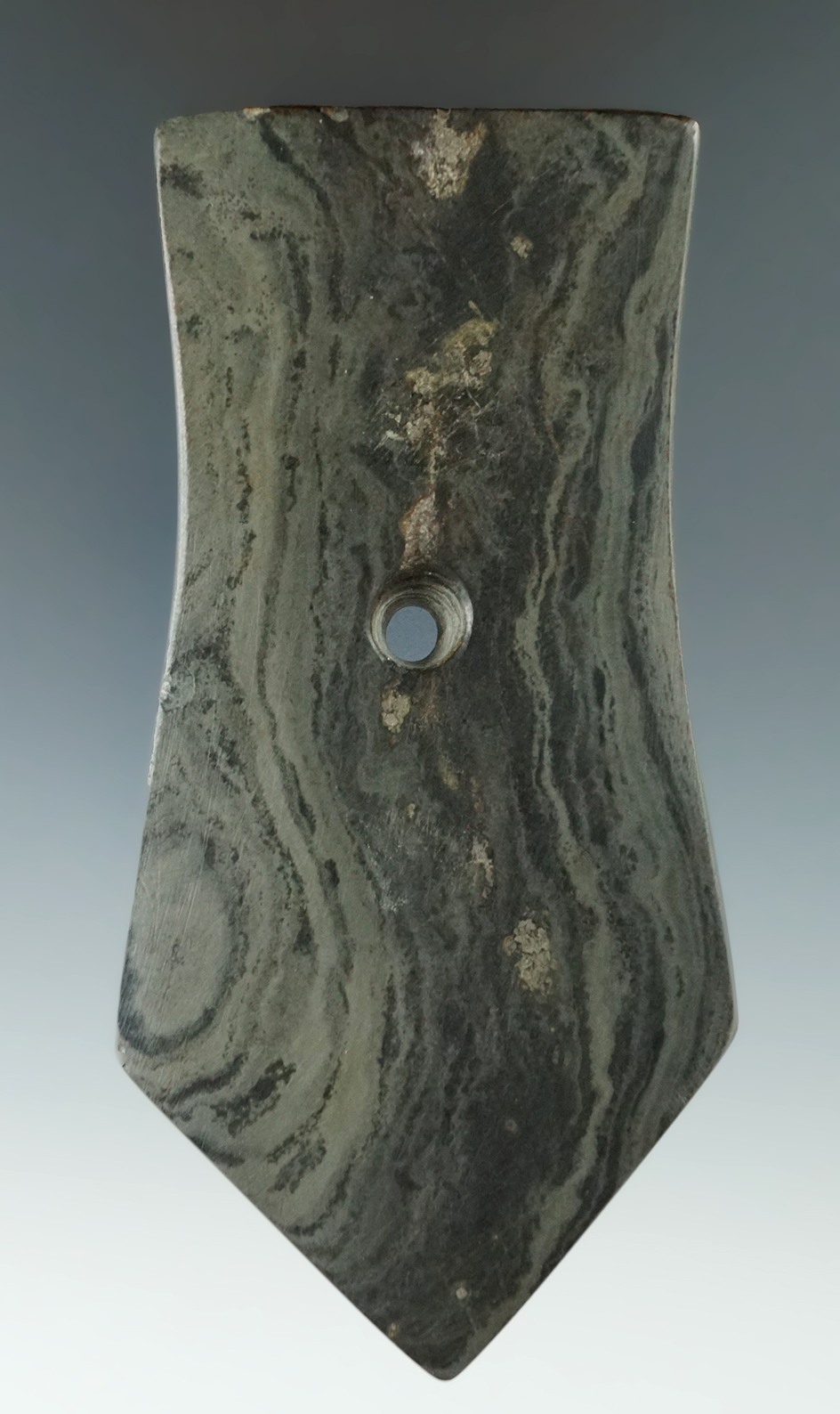 4 5/8" Extremely fine classic style Hopewell Shield Pendant. Found in Hardin Co., Ohio.