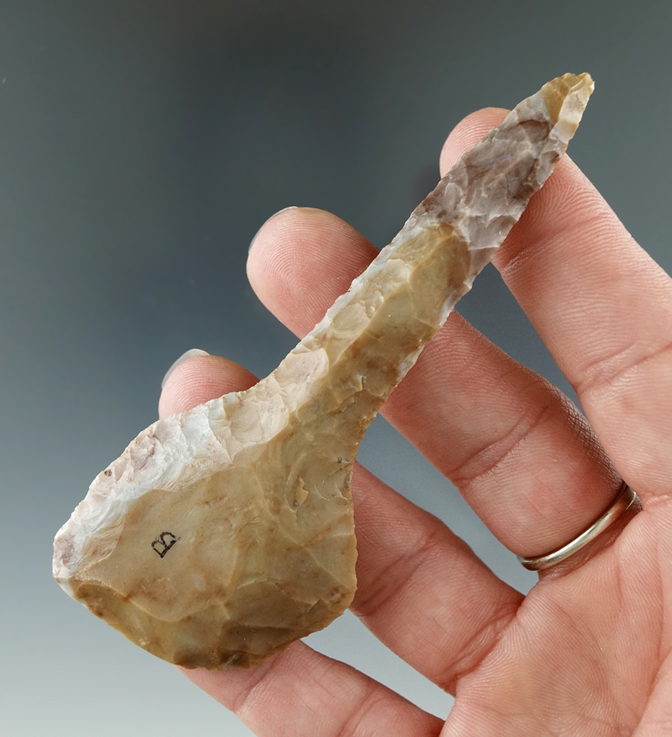 3 3/4" Purple and Gold Flint Ridge Flint Expanded Base Drill. Ex. Buck Collection.