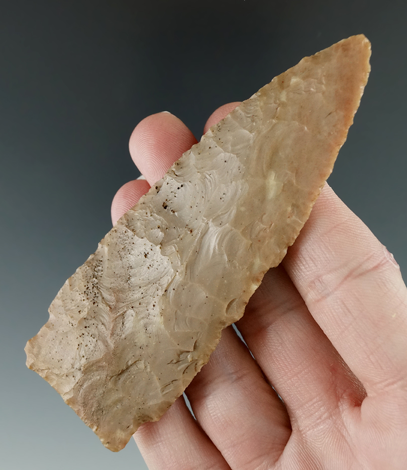 4" Paleo Stemmed Lanceolate with a nicely ground base found in Harrison Co., Kentucky.