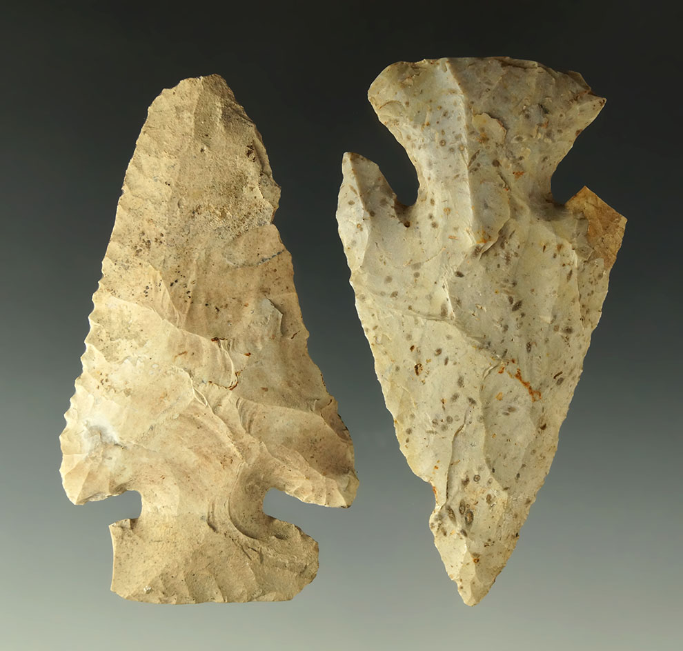 Pair of Archaic Thebes Bevels found in Missouri, largest is 3 1/4".