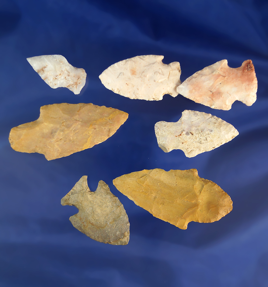Set of seven assorted Midwestern arrowheads, largest is 2 1/4".