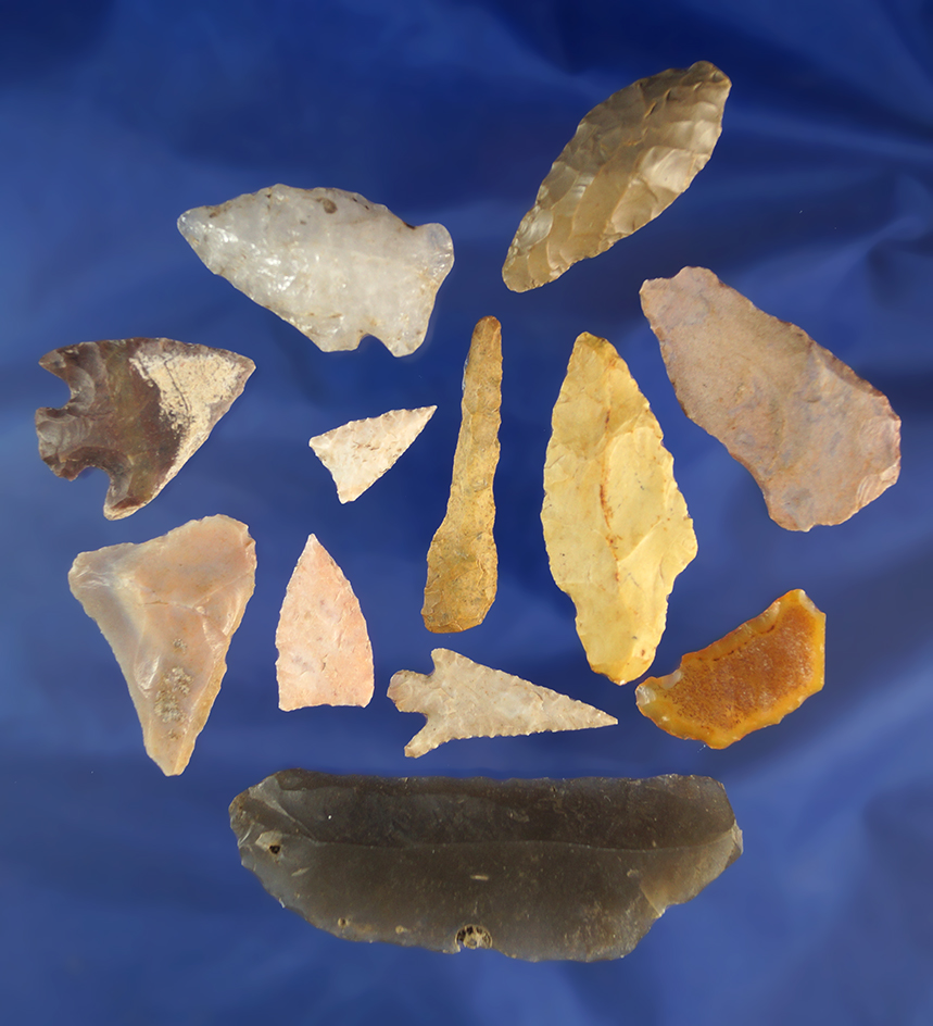 Set of 12 assorted arrowheads from various parts of the U.S., Largest is 2 5/8".