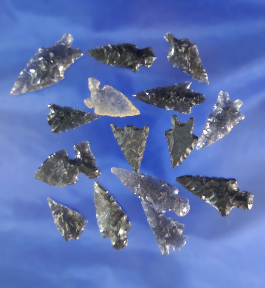Set of 15 Obsidian arrowheads found in Oregon, largest is 1 3/16".