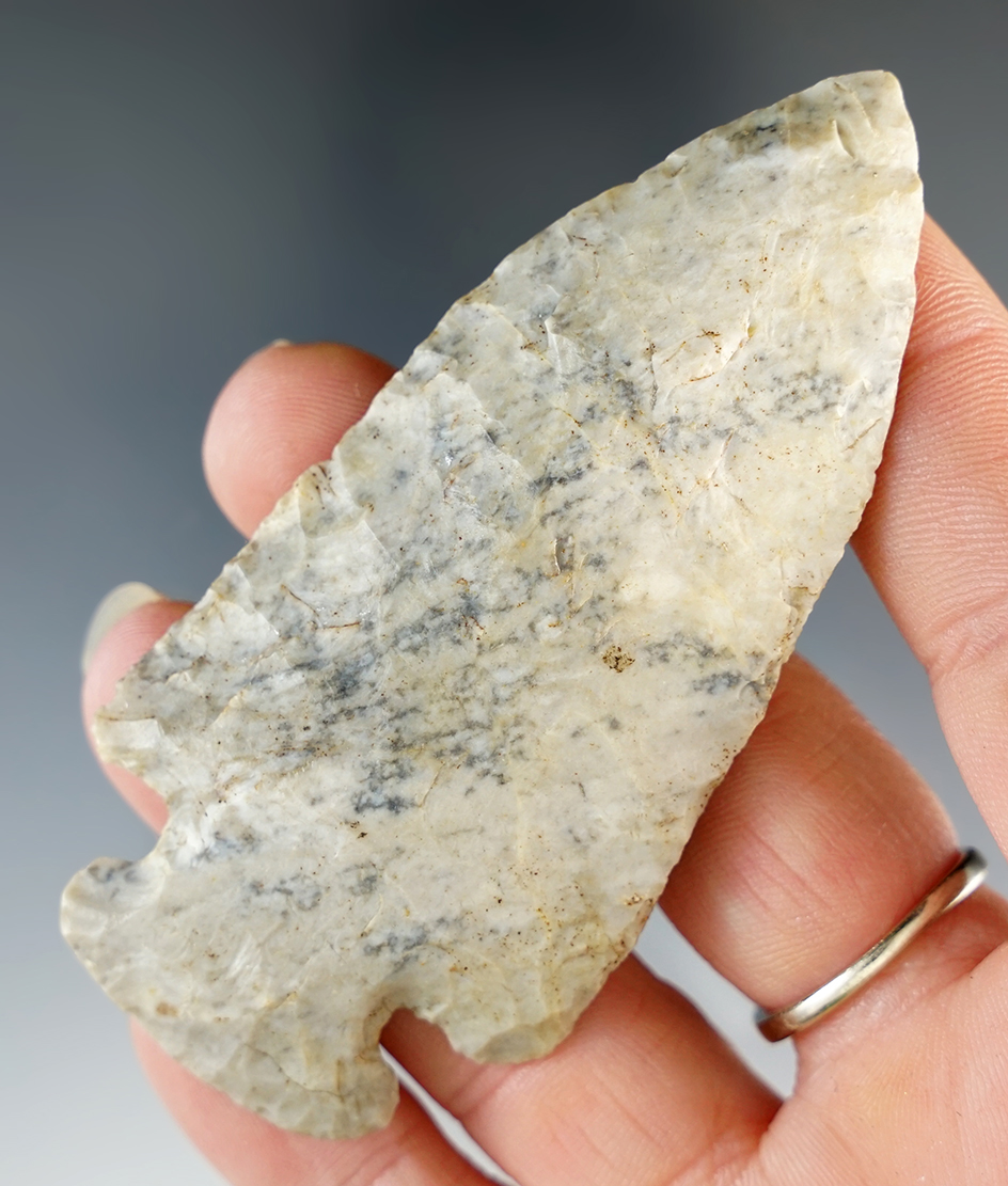3 3/16" Archaic Flat Base Dovetail. Made from Flint Ridge Flint. Found in Licking Co., Ohio.