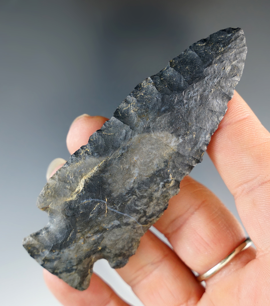 3 3/8" Archaic Cornernotch Point made of Coshocton Flint. Found in Marion Co., Ohio.