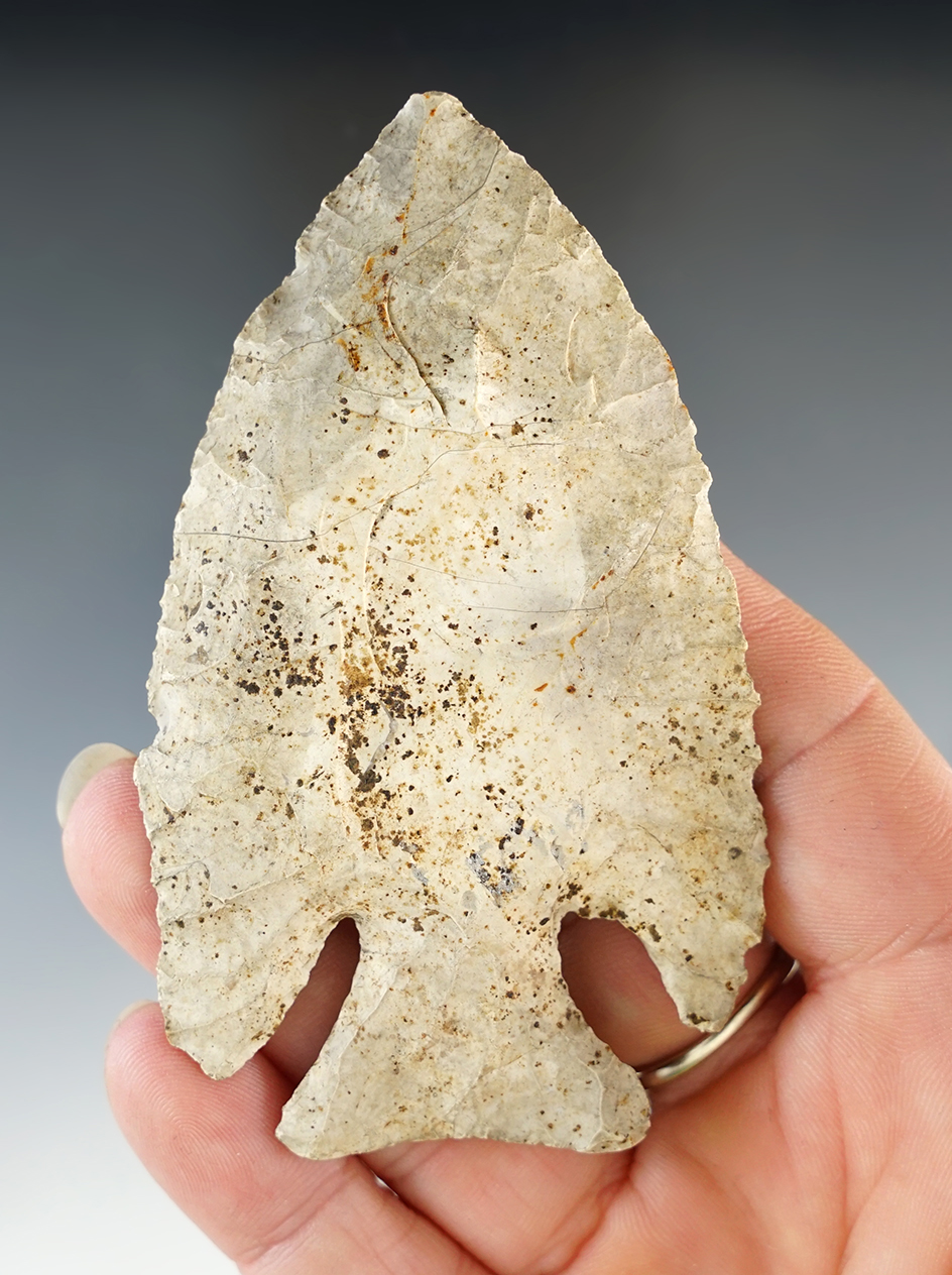 3 3/8" Archaic Deep Notch found in Belmont Co., Ohio. Ex. Sam Speck, Len Weidner, Mike Kiel