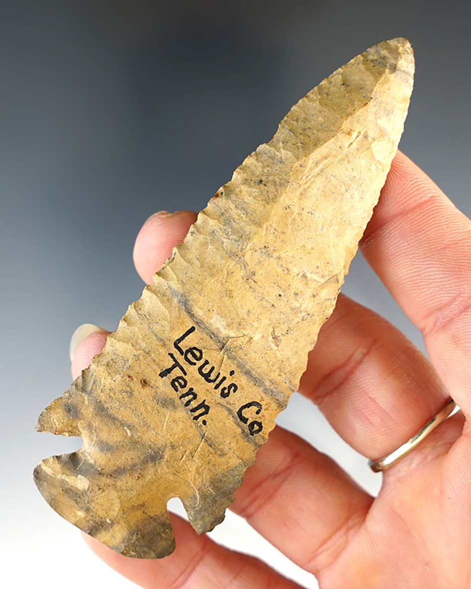 3 13/16" Nicely beveled Dovetail made from beautifully banded flint. Found in Lewis Co., TN.