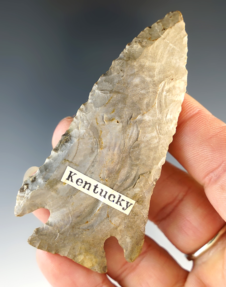 Heavily patinated 3 1/8" Steeply beveled Lost Lake found in Kentucky.