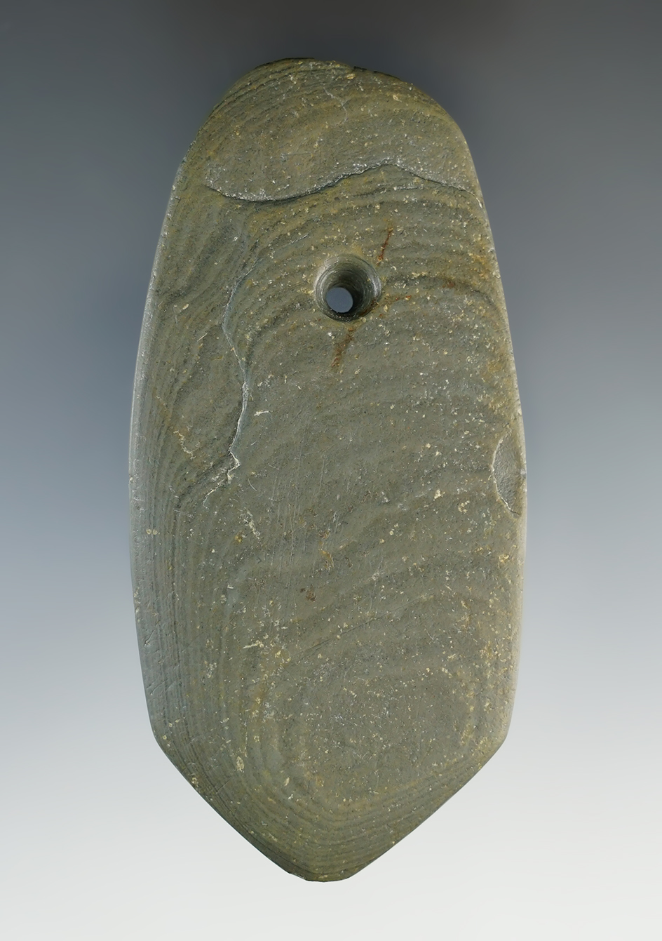 3 7/8" Shield Pendant made from water worn Glacial Slate. Wyandot Co., Ohio. Bennett COA.