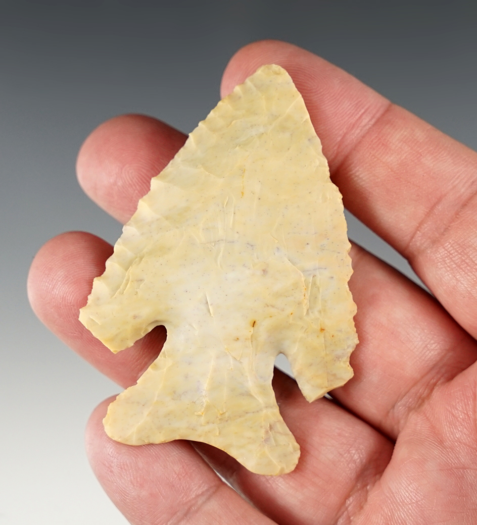 2 3/4" Archaic Deep-Notch Thebes Bevel made from Flint Ridge Flint. Ashland Co., Ohio