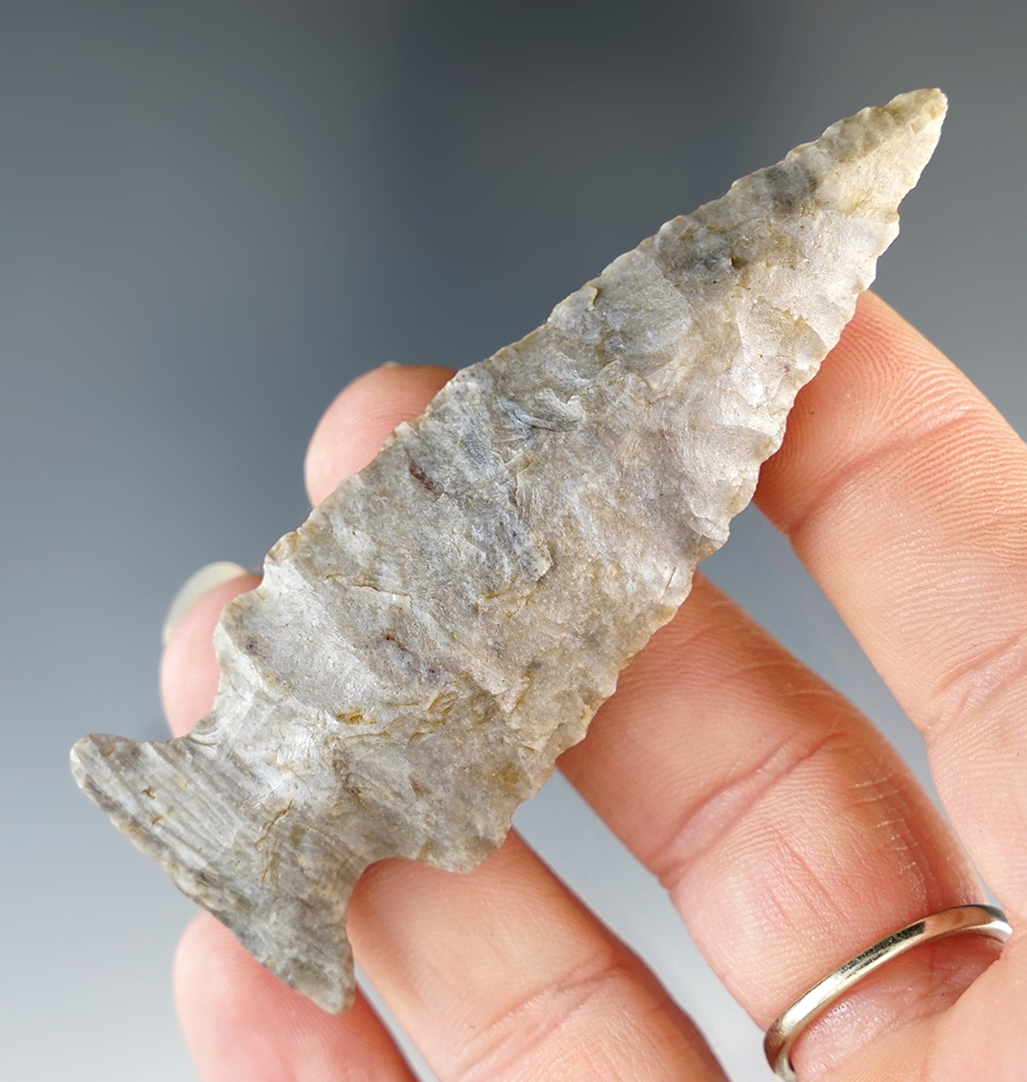 3" Classic Fishspear Point made from gray Coshocton Flint. Found in Holmes Co., Ohio.