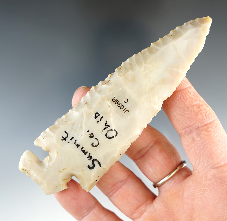 Classic style 4 3/8" Steeply beveled Archaic Thebes E-Notch found in Summit Co., Ohio.