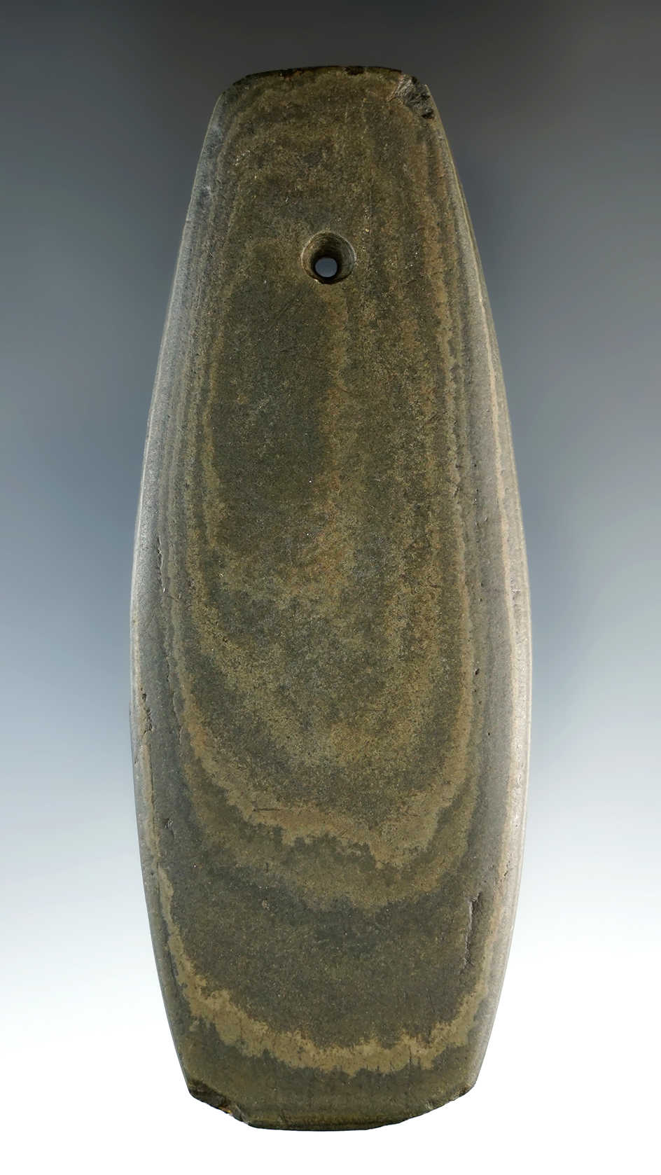 4 1/8" Intrusive Mound Pendant made from green Banded Slate. Found in Logan Co., Ohio.