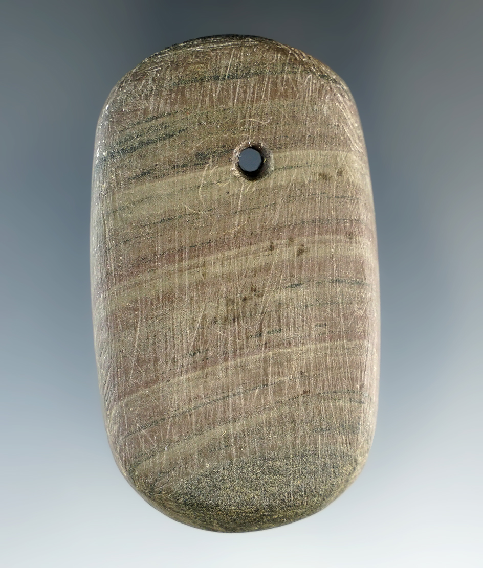 2 5/16" Adena Ovate Pendant made from red, black and green Banded Slate. Preble Co., Ohio.