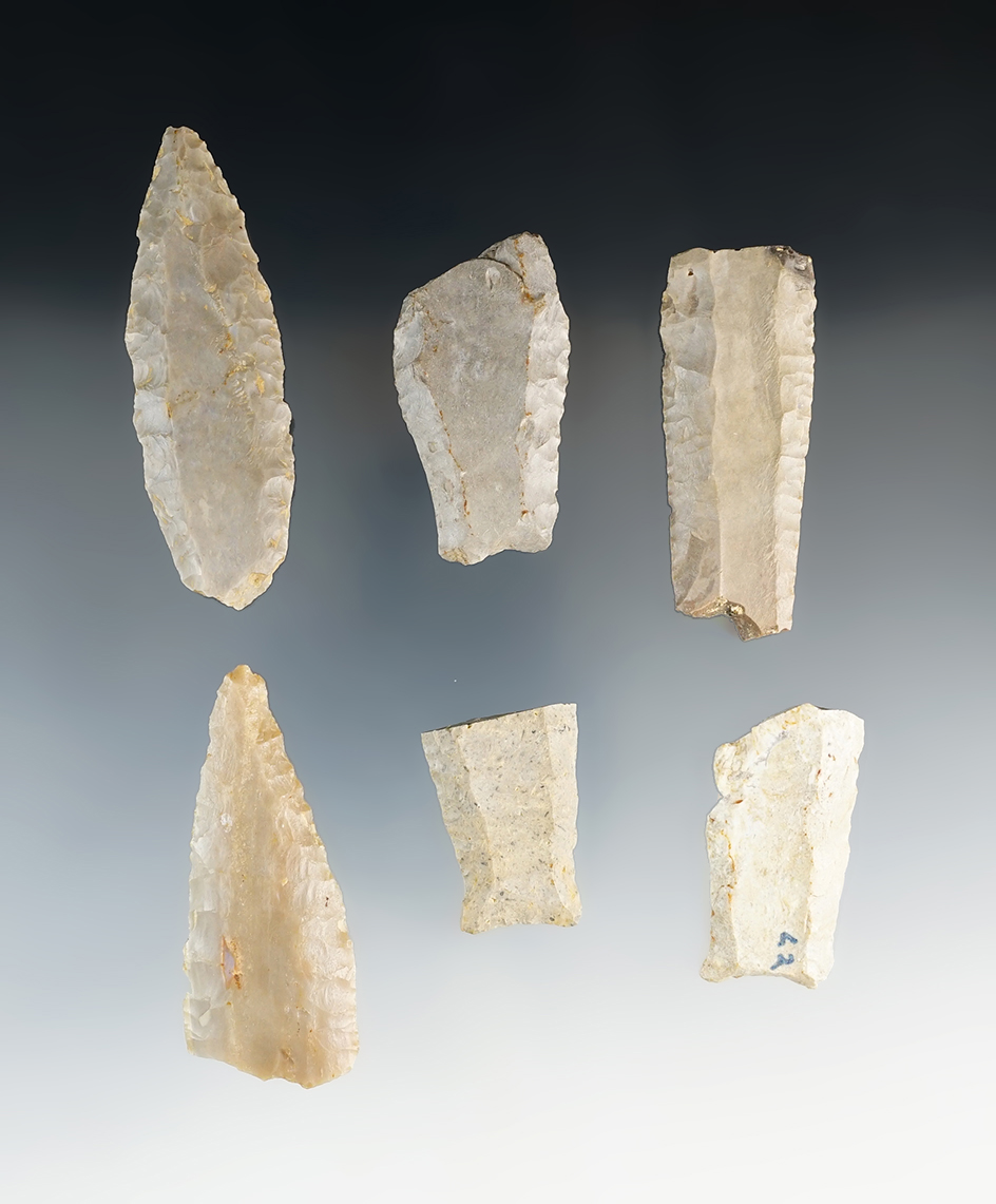 Excellent set of 6 Paleo Fluted Cumberland sections  - Tennessee - Dale Hollow Lake area.