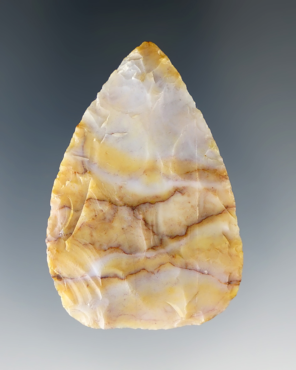 Beautiful color and flaking on this 2 1/8" Hopewell Cache Blade found in Licking Co., Ohio.