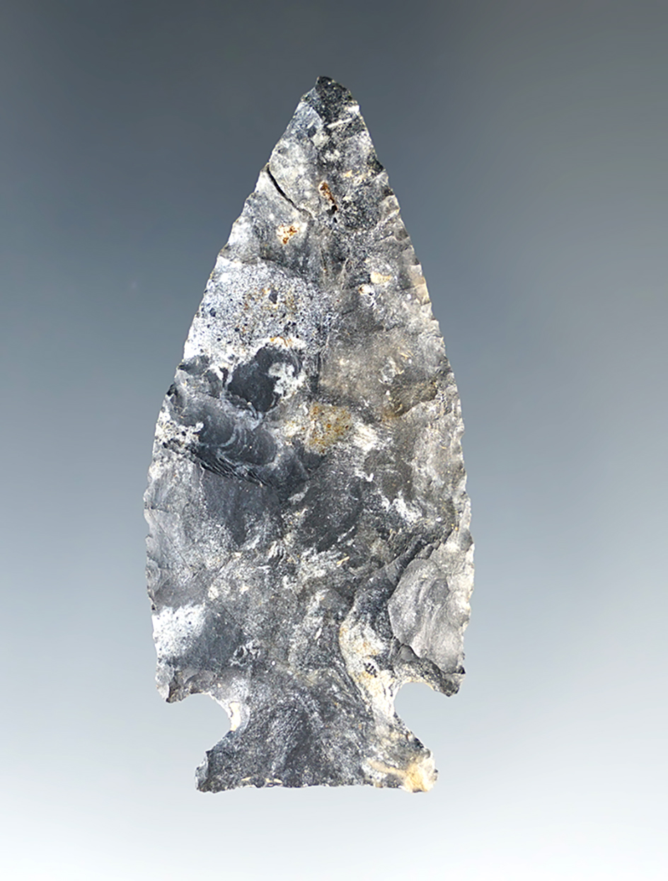 Classic style and thin 2 1/16" Coshocton Flint Intrusive Mound Point found in Ross Co., Ohio.