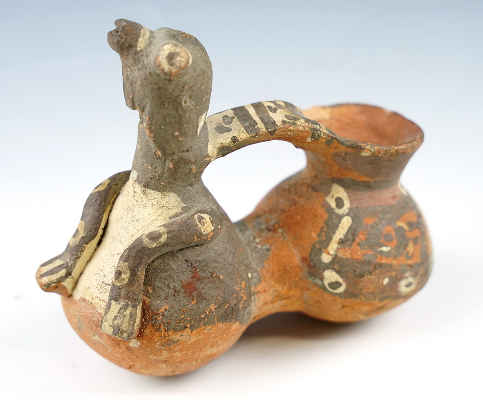 Very unique 4 1/2" Miniature Dual Chamber Strap Handle Whistle Pot from Central America