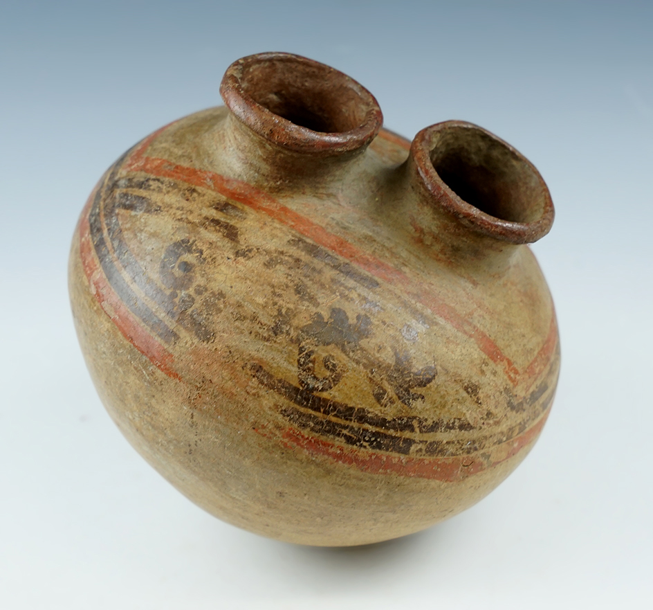 Nicely painted 5 1/2" Wide x 4 1/2" Tall Dual Spout painted Pottery Vessel from Panama.