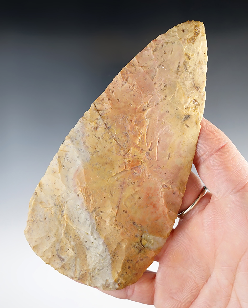 5" Multi-colored Hopewell Cache Blade made from cream, orange, and muted red Flint Ridge.