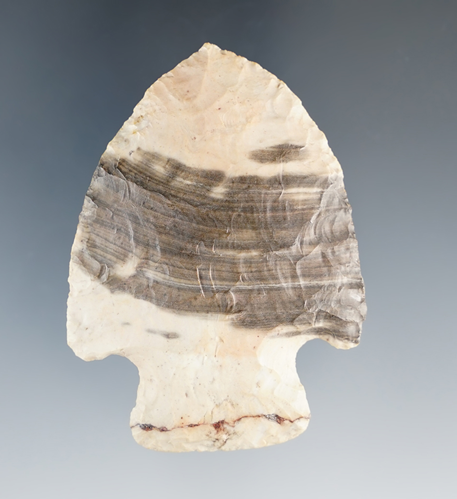 2 3/8" Broad Blade made from pink and black Nethers Flint. Found in Ashland Co., Ohio.