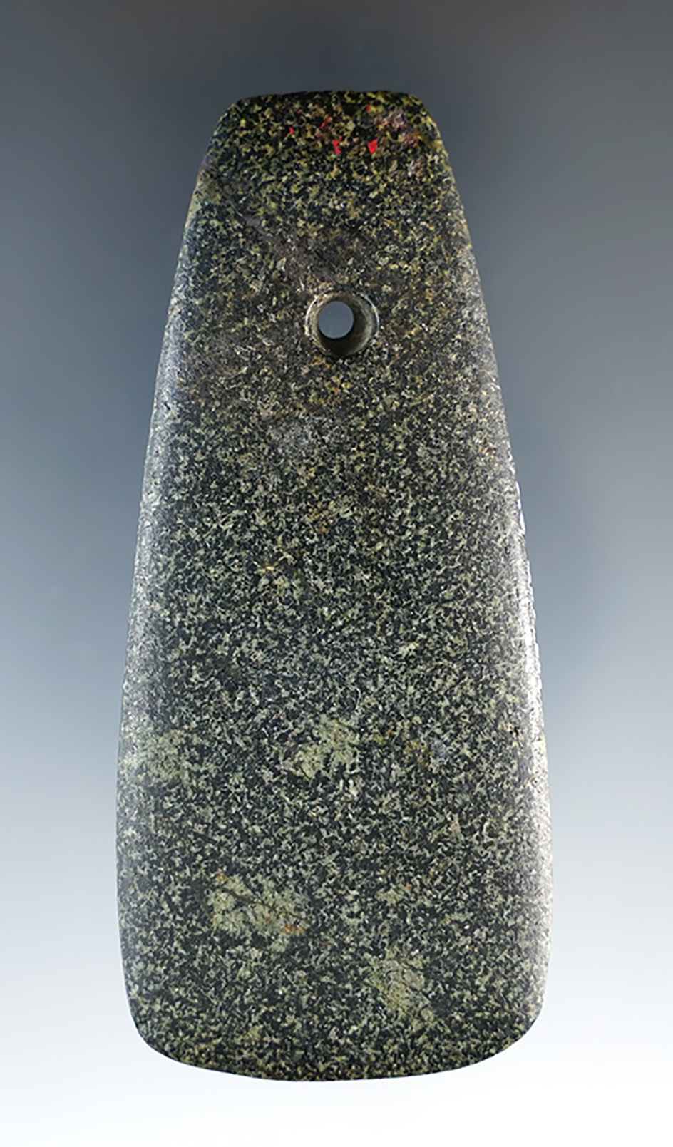 Thin and fine 3 3/8" Green Hardstone Pendant. Wayne Co., Ohio. Broken and glued tight.