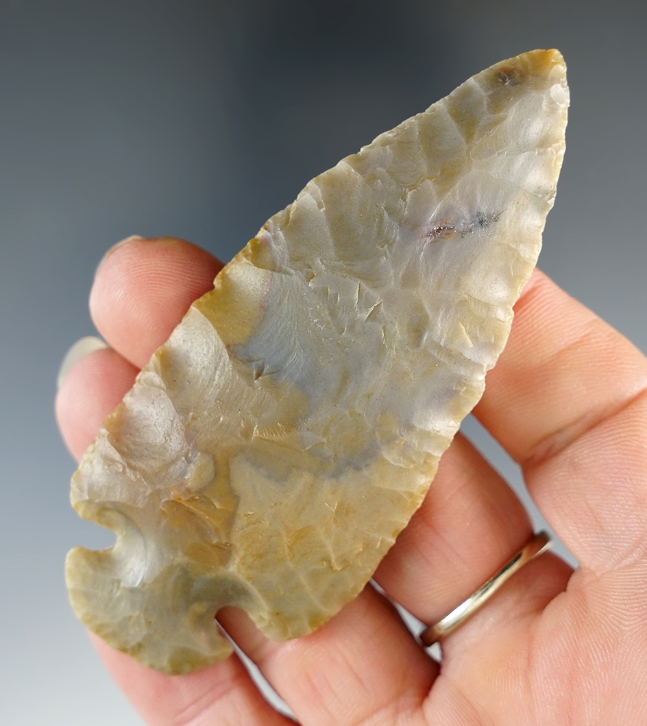 3 3/8" Archaic Dovetail made from multi-colored Carter Cave Flint. Found in Brown Co., Ohio.
