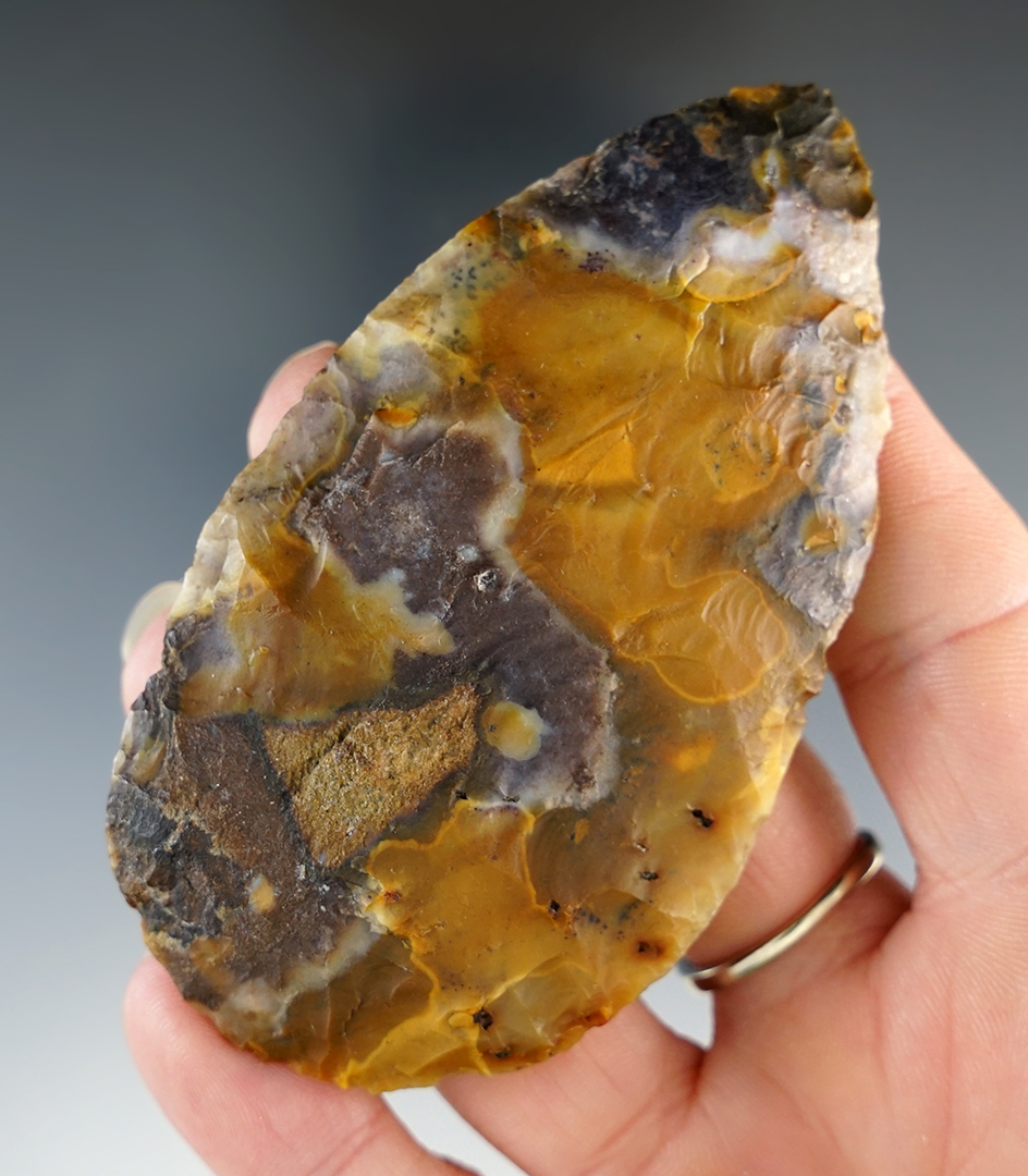 3 7/16" Adena Cache Blade made from multi-colored Flint Ridge Flint. Ex. Dilley.