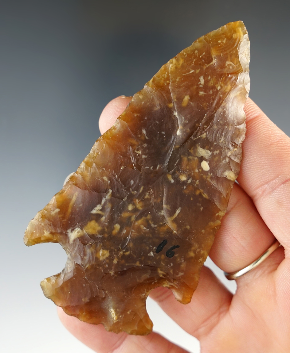 3 1/2" Classic Hopewell made from translucent Knife River Flint. From an old Ohio collection.