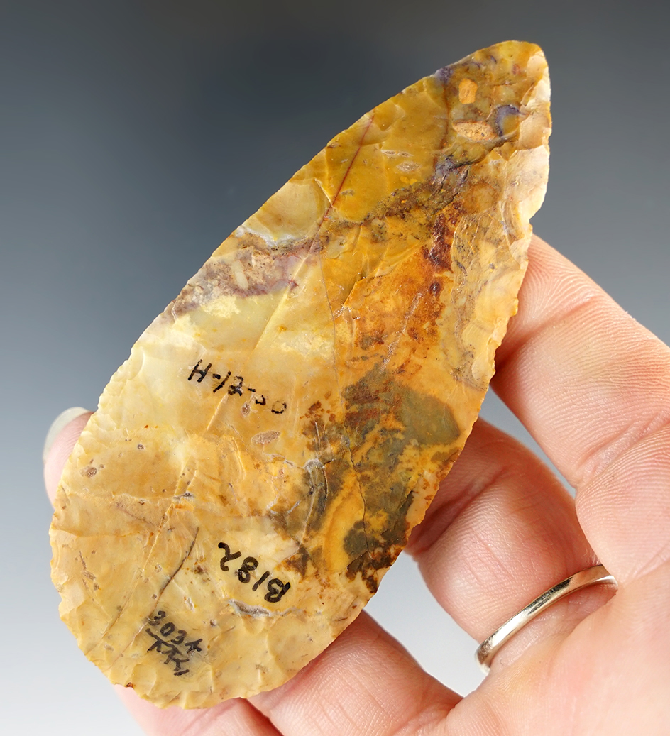 3 1/2" Multi-colored Adena Cache Blade made of purple and gold Flint Ridge. Thin!