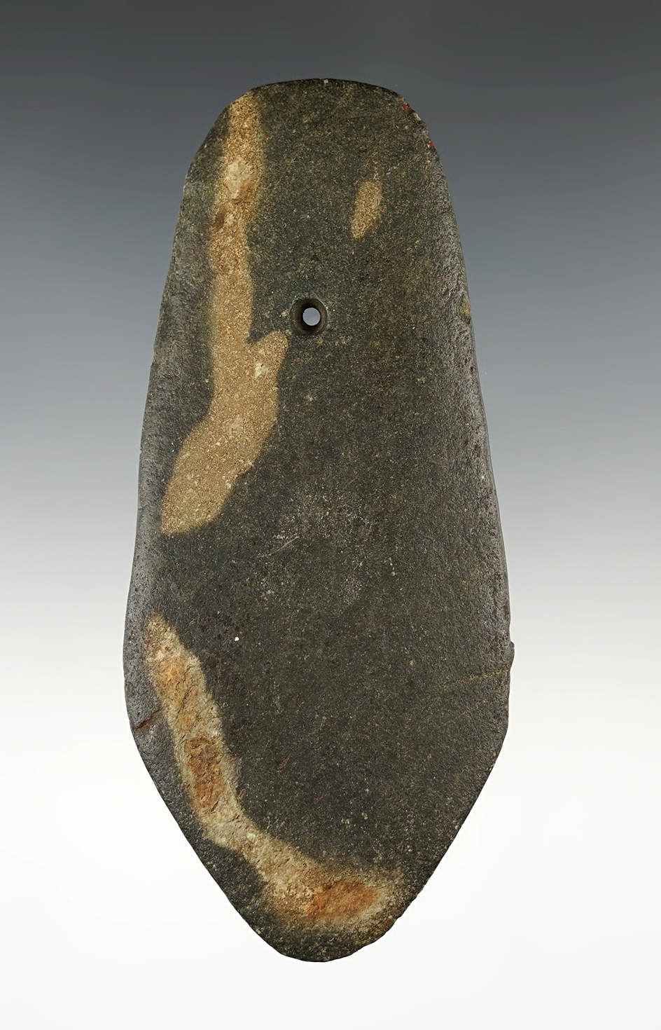 5 1/16" Hopewell Pendant made from Slate with nice worm tracks. Found in Lucas Co., Ohio.