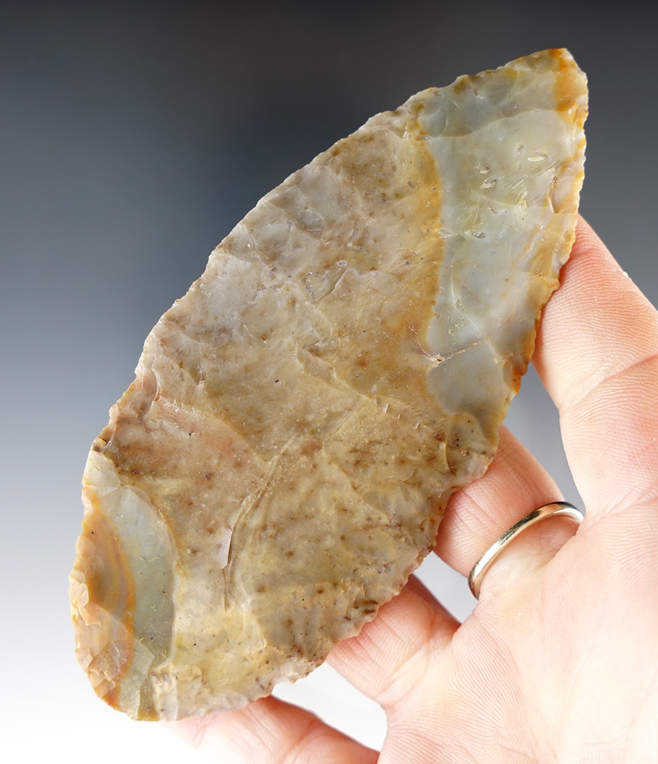 4 7/16" Multi-colored Flint Ridge Flint Blade with shades of gold and green. Franklin Co., Ohio.