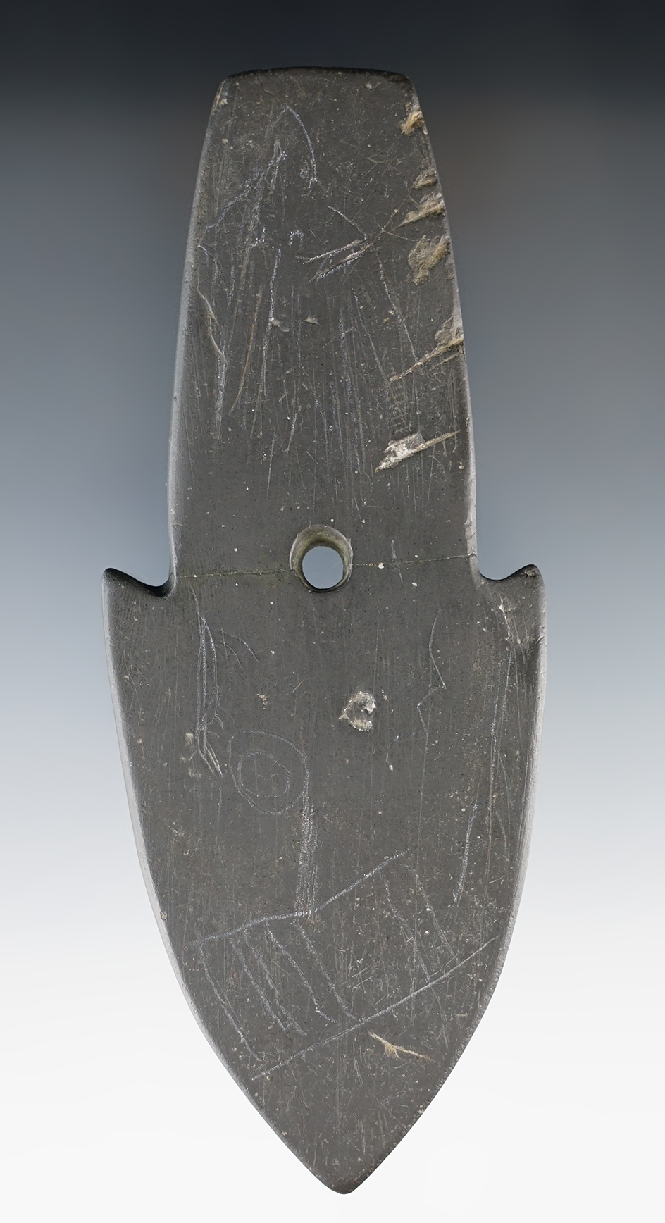 Pictured! Very rare and uniquely styled 5 3/8" Shovel Pendant that is broken and glued.