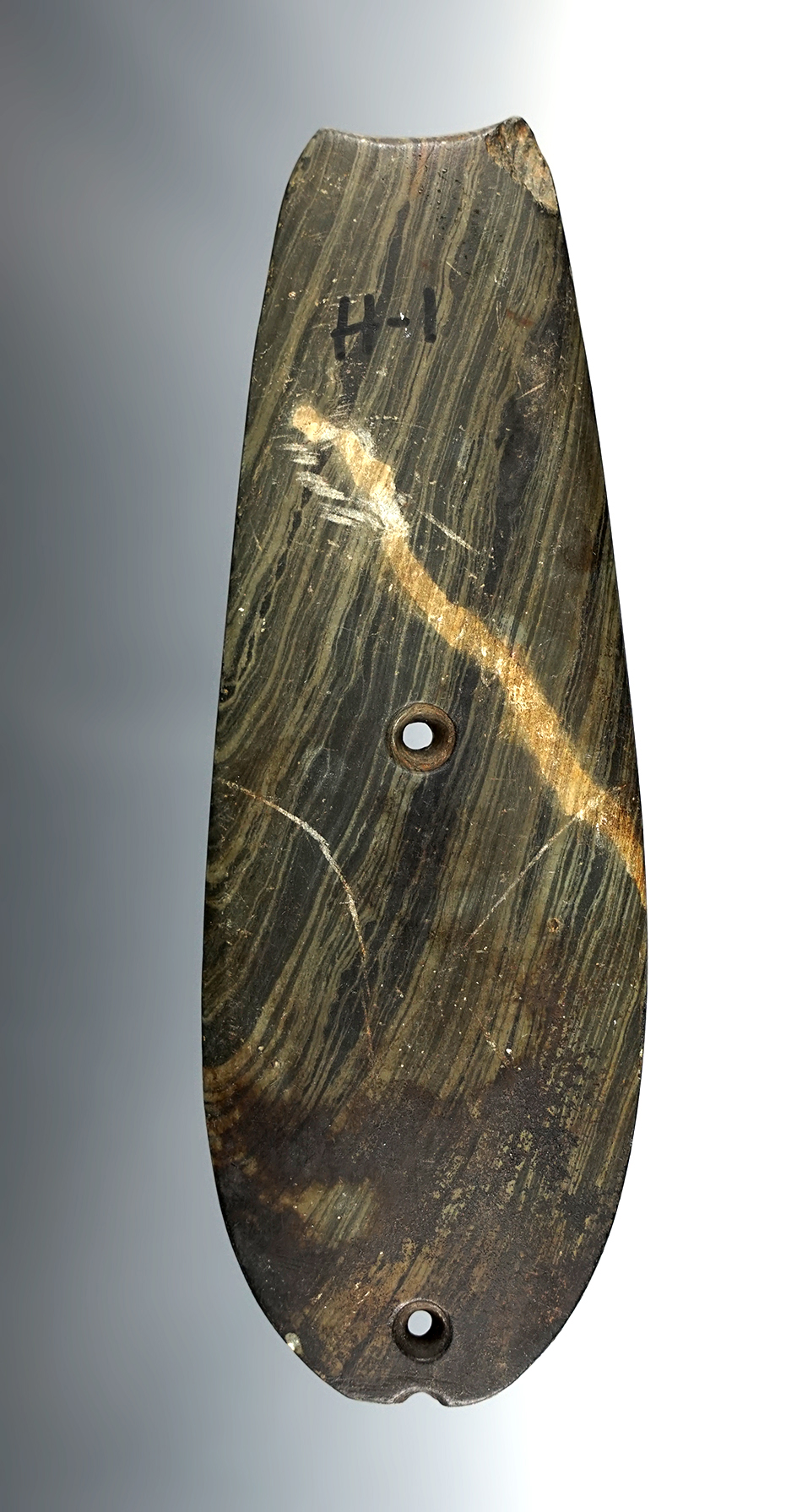 Large! 6 1/2" Glacial Kame Gorget found in Huron Co., Ohio that is very uniquely styled.