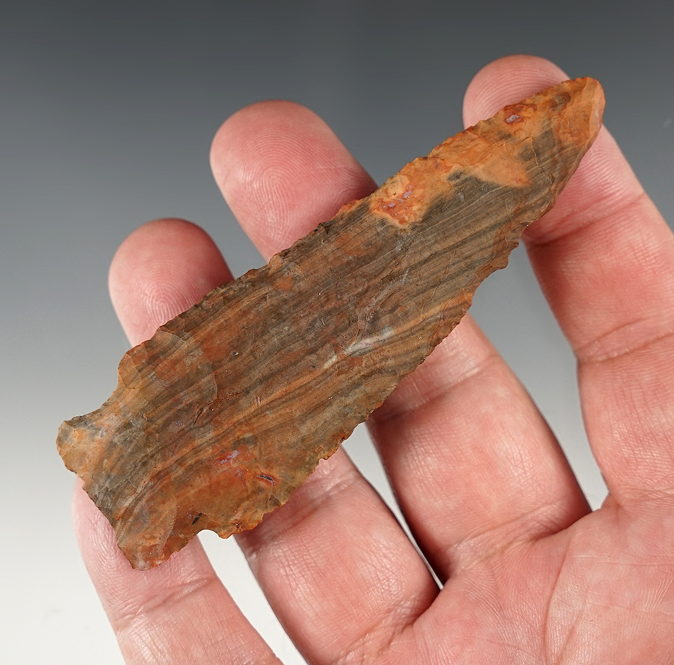 3 13/16" Stemmed Knife found in Ashland Co., Ohio. Beautiful striped Nethers Flint Ridge Flint