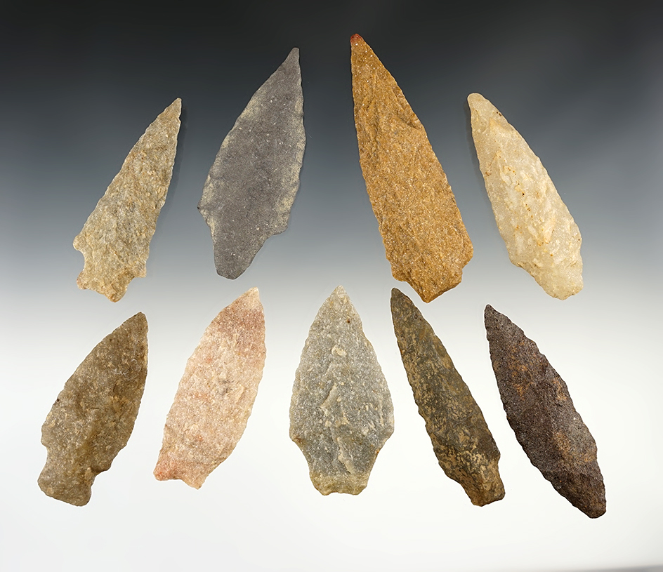 Set of 9 nice points found in the Eastern U.S. The largest is 3 13/16".