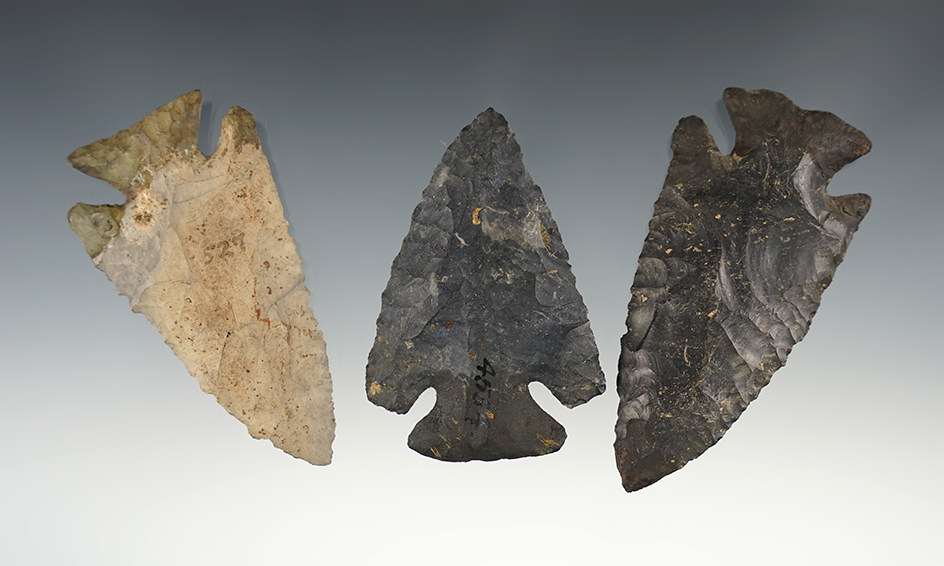 Three very fine examples of Archaic Bevels found in various Ohio counties. All have restoration.