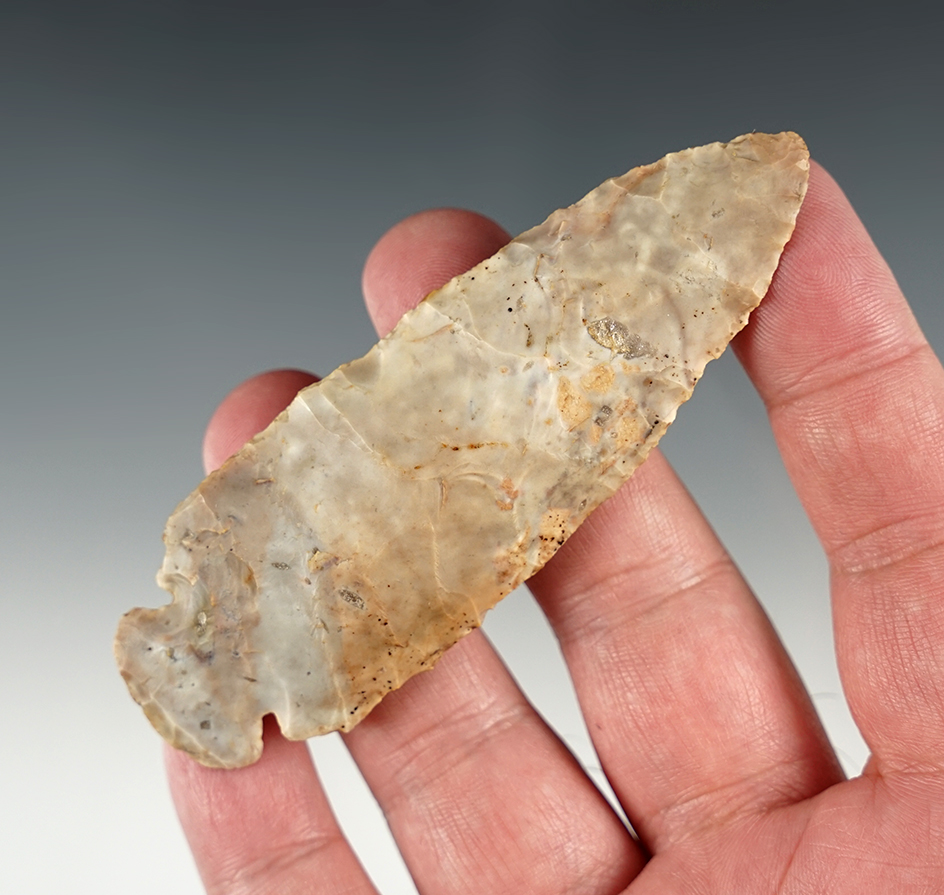 Nicely made 3 3/4" Flint Ridge Dovetail found in Ashland Co., Ohio. "Clipped Wing" style. COA.