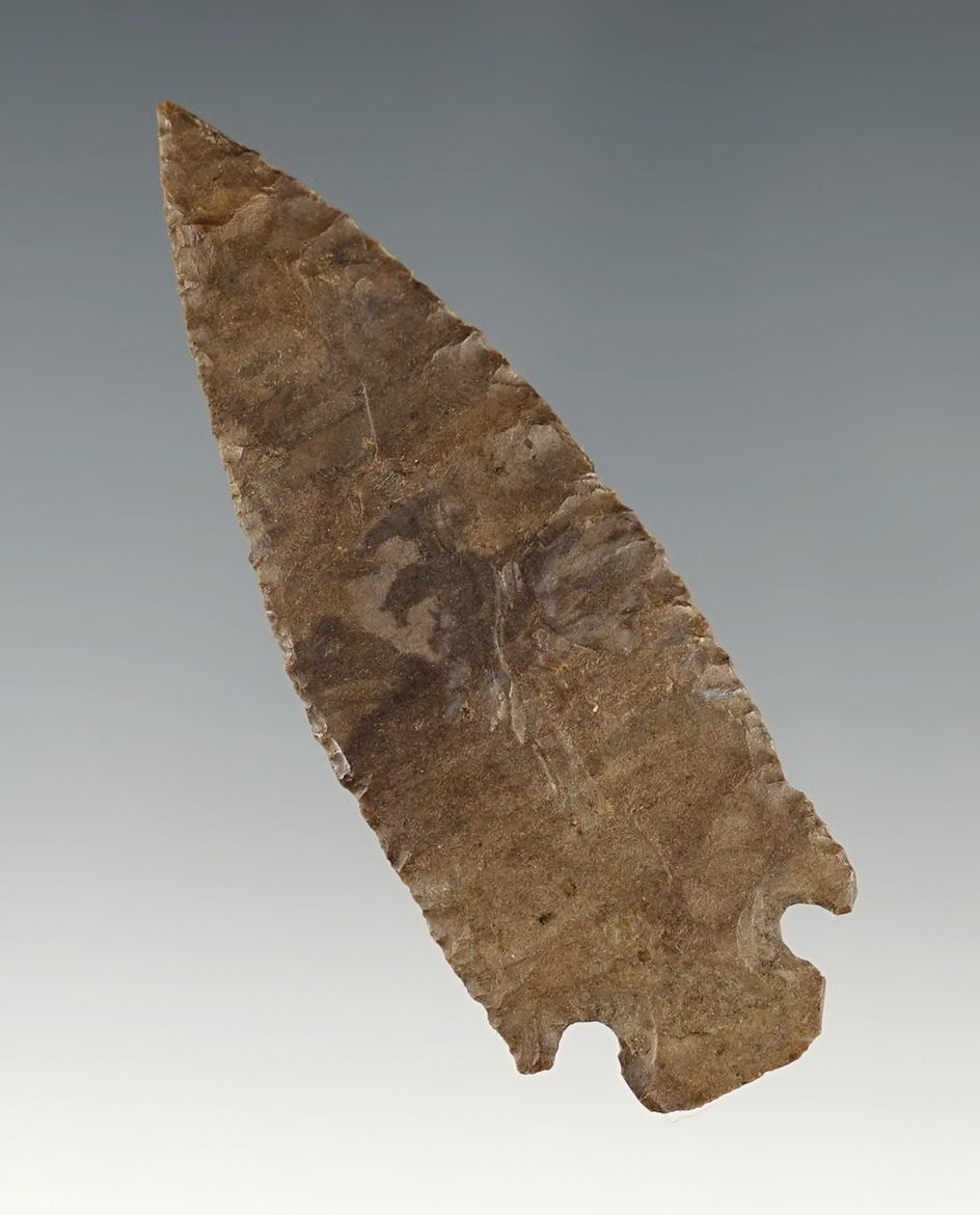 Thin and very well flaked 2 5/16" Cornernotch Dartpoint made from Dover Flint, Tennessee.