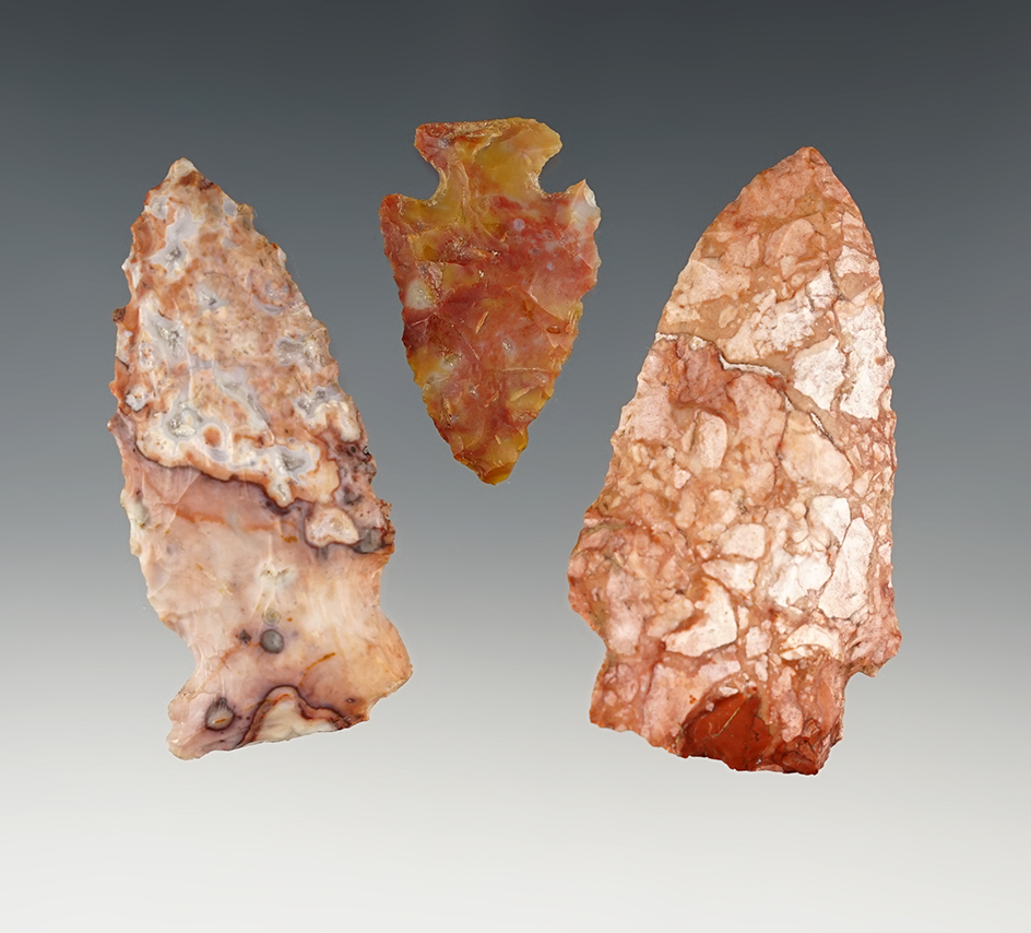 Set of 3 colorful Midwest points. Ex. Ron Sauer. The largest is 2 3/8".