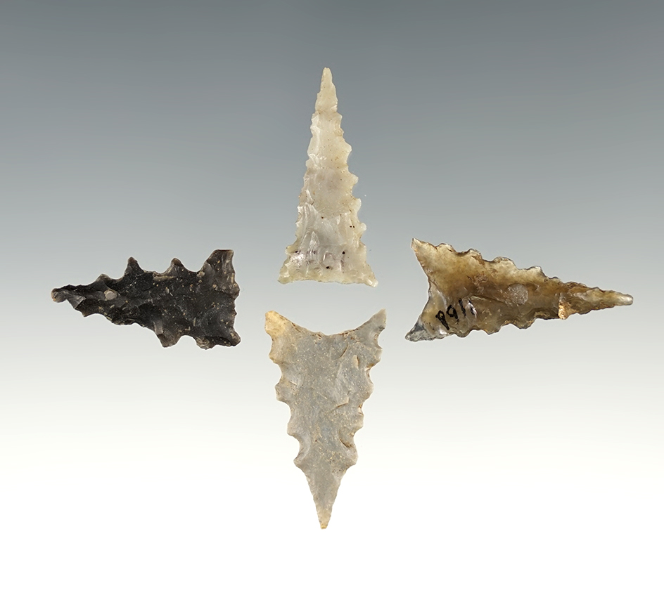 Set of 4 beautifully serrated Triangle points found in Kentucky. Outstanding group!