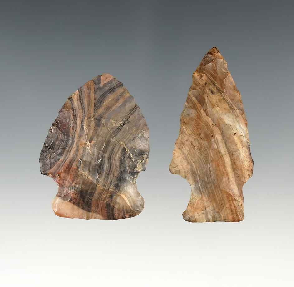 Pair of colorful Ohio points made from Flint Ridge Nethers. One is restored.