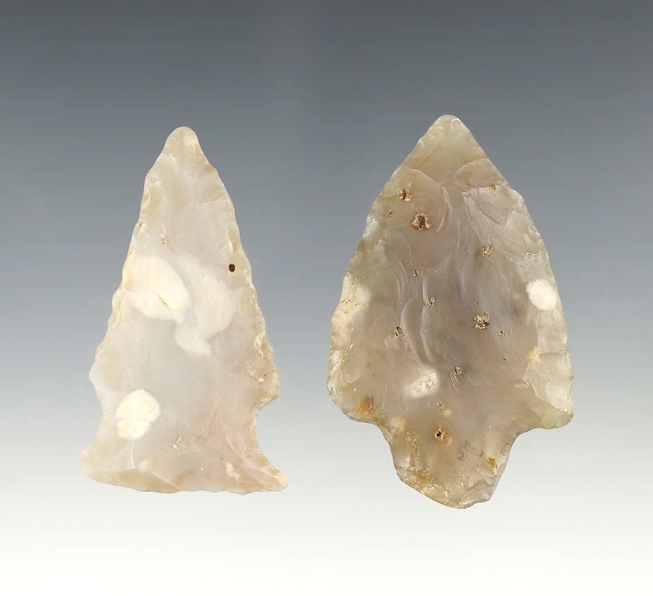 Pair of Flint Ridge flint Hopewell and Adena points found in Ohio. The largest is 2 5/16".