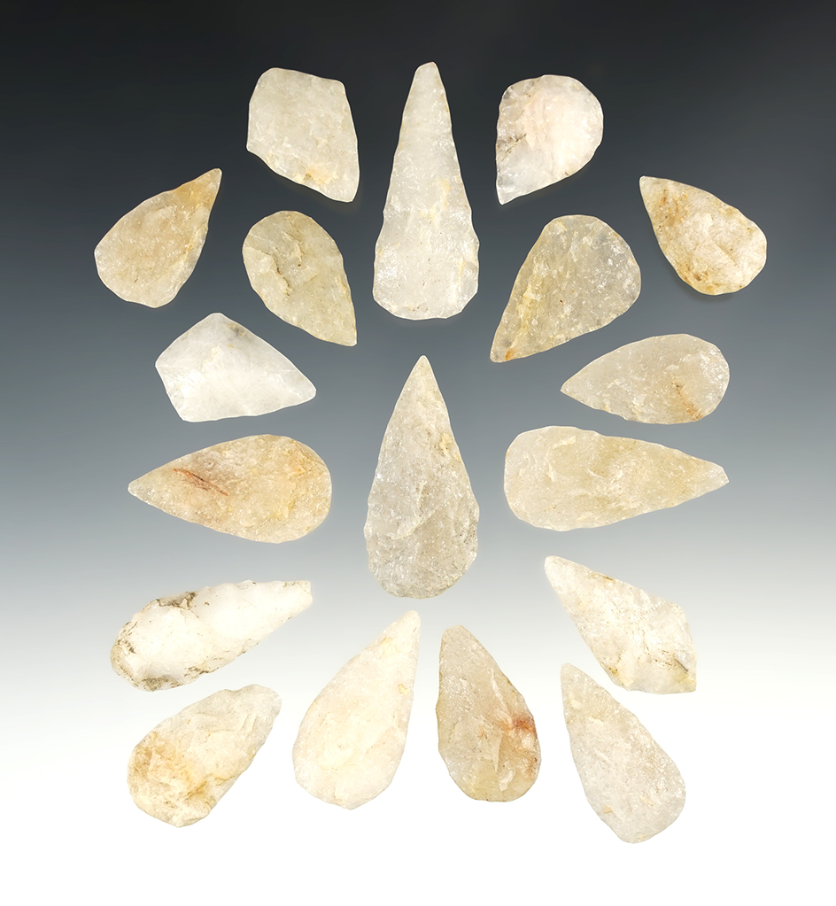 Set of 18 Leaf Points made from Quartz. Found in the Eastern U.S. The largest is 1 13/16".