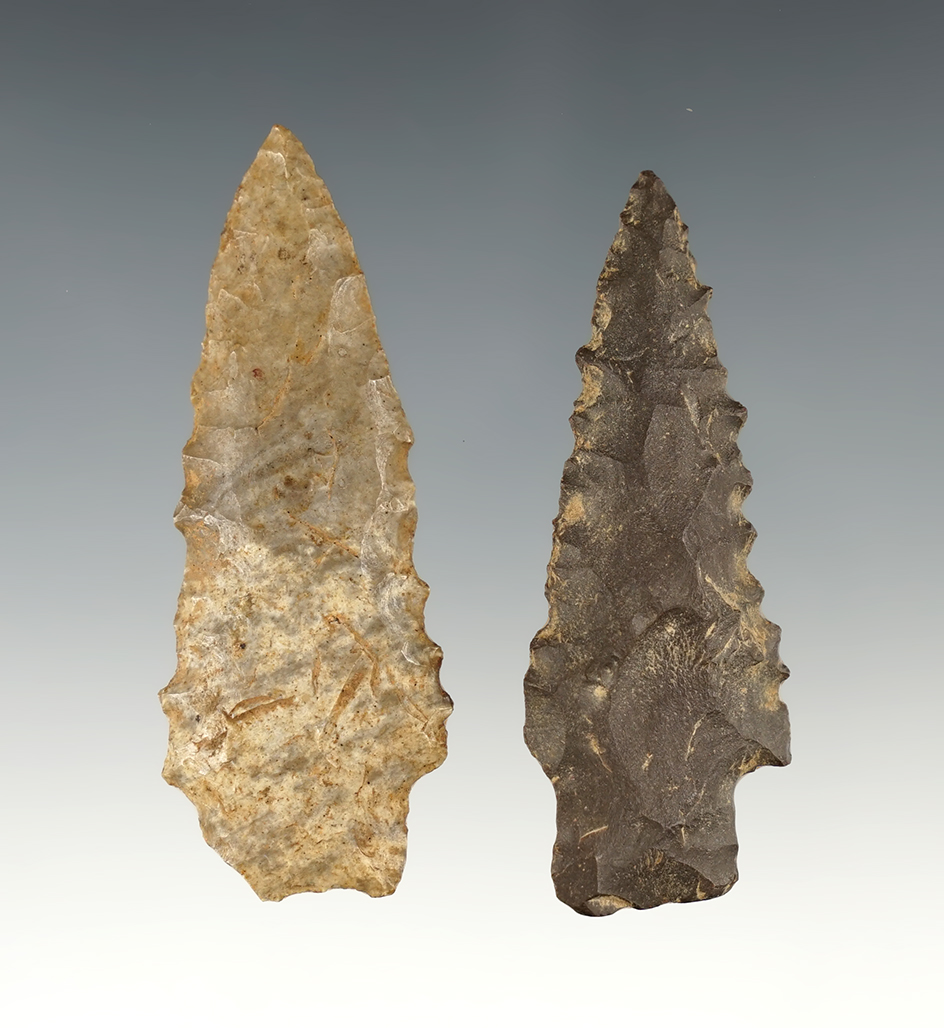 Pair of nicely serrated Kirk points found in Kentucky. The largest is 2 11/16".