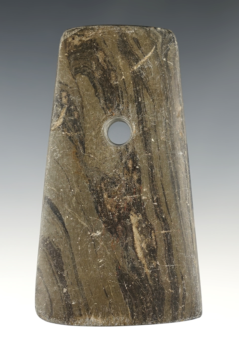 3 3/4" Adena Trapezoidal Pendant made from Mottled Slate. Found in Franklin Co., Ohio.