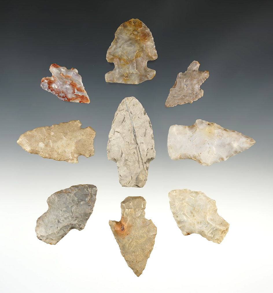 Set of 9 nice Ohio points. The largest is 2 3/16".