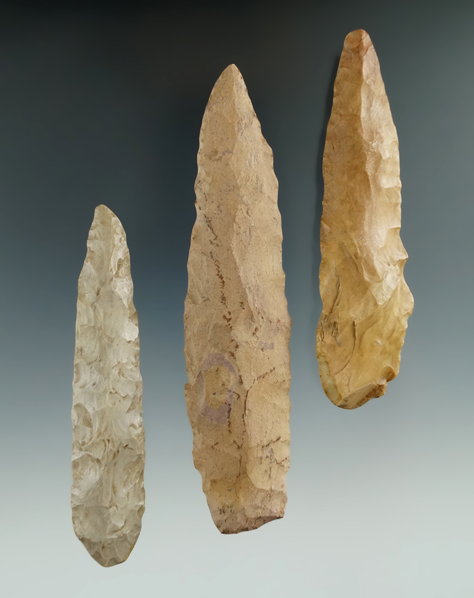 Set of three Flint Knives from the Mel Wilkins collection found in Union Co.,  Illinois. Largest is