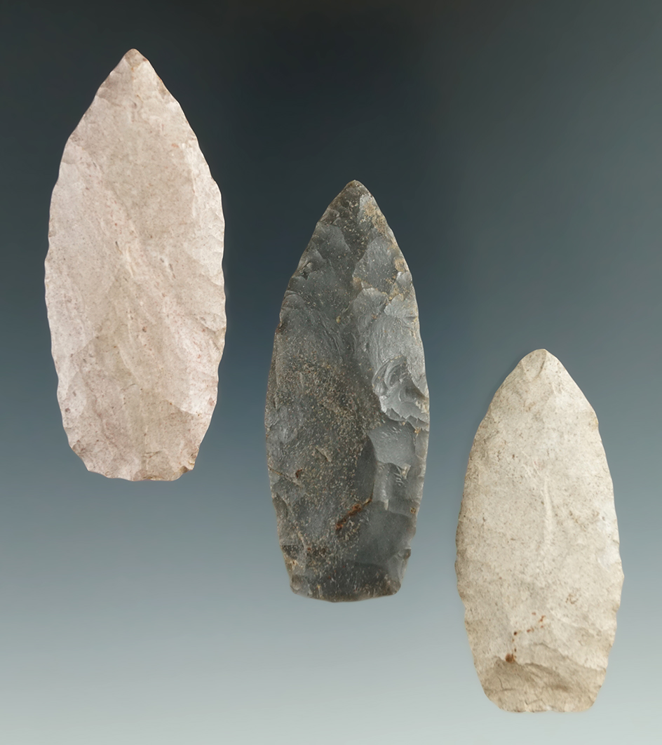Set of three Paleo Lanceolates found in Illinois, largest is 2 9/16".